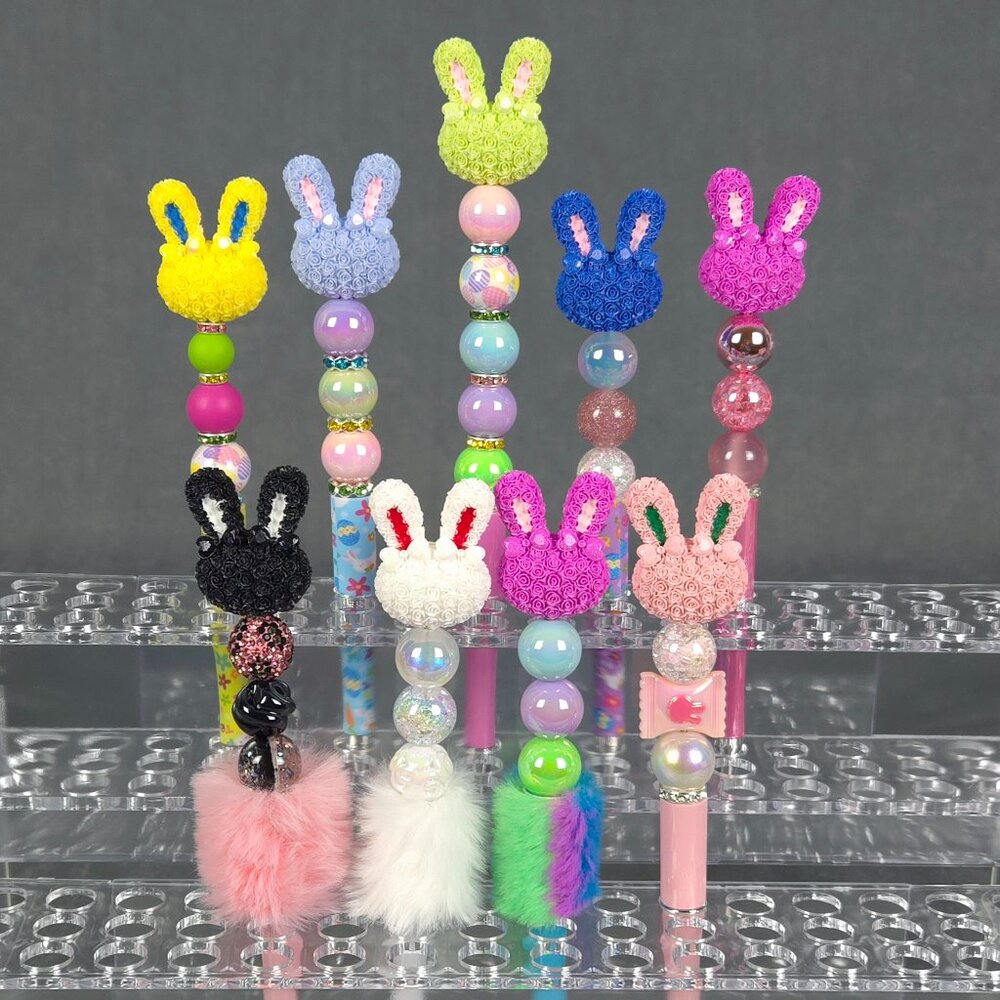 Rose Bunny Fancy Beaded Pens Spring, Easter, Rhinestone, Furry, Leopard Designs